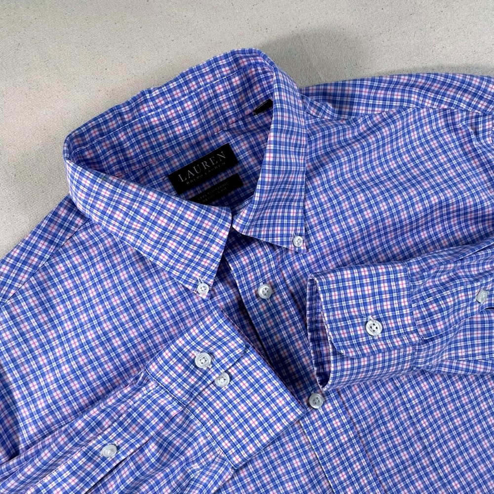 Lauren Ralph Lauren Mens 16 32/33 Regular Fit Blue Pink Check Stretch Shirt L